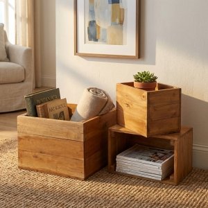Set 3 cassette modulari in legno di mogano stile rustico 38x36x29,5 cm - CORARSOR