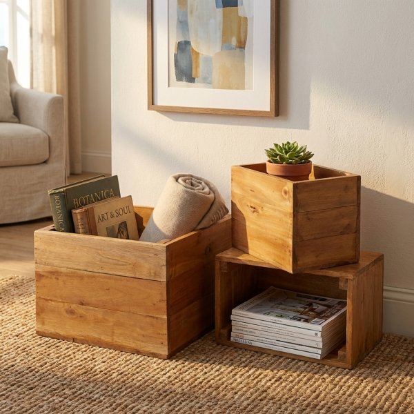 Set 3 cassette modulari in legno di mogano stile rustico 38x36x29,5 cm - CORARSOR