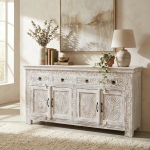 Credenza in Legno di Mango Intagliato 4 Ante e 4 Cassetti 180x40x90 cm - LORANMIRA