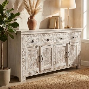 Credenza in Legno di Mango Intagliato 4 Ante e 4 Cassetti 180x40x90 cm - LORANMIRA