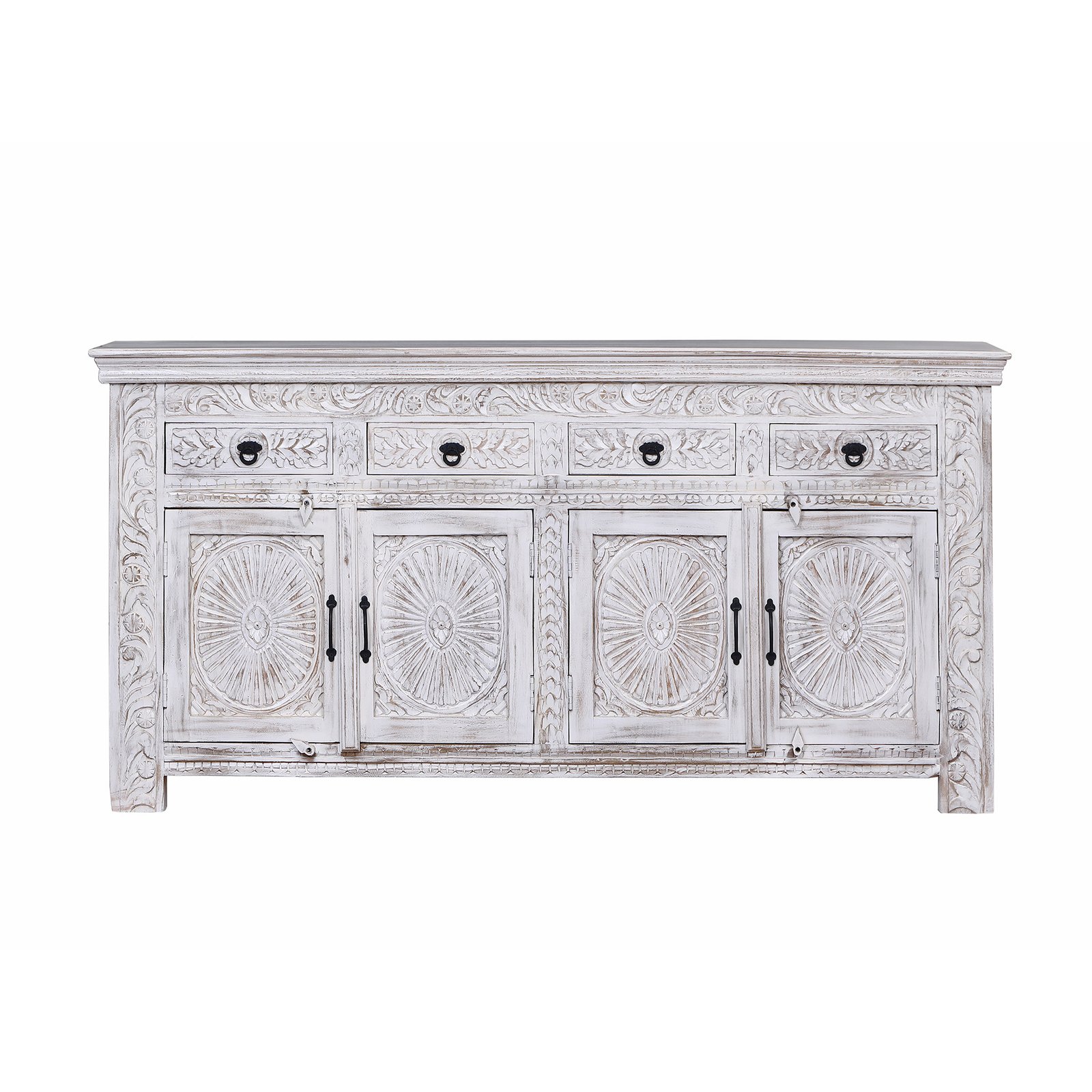 Credenza in Legno di Mango Intagliato 4 Ante e 4 Cassetti 180x40x90 cm - LORANMIRA