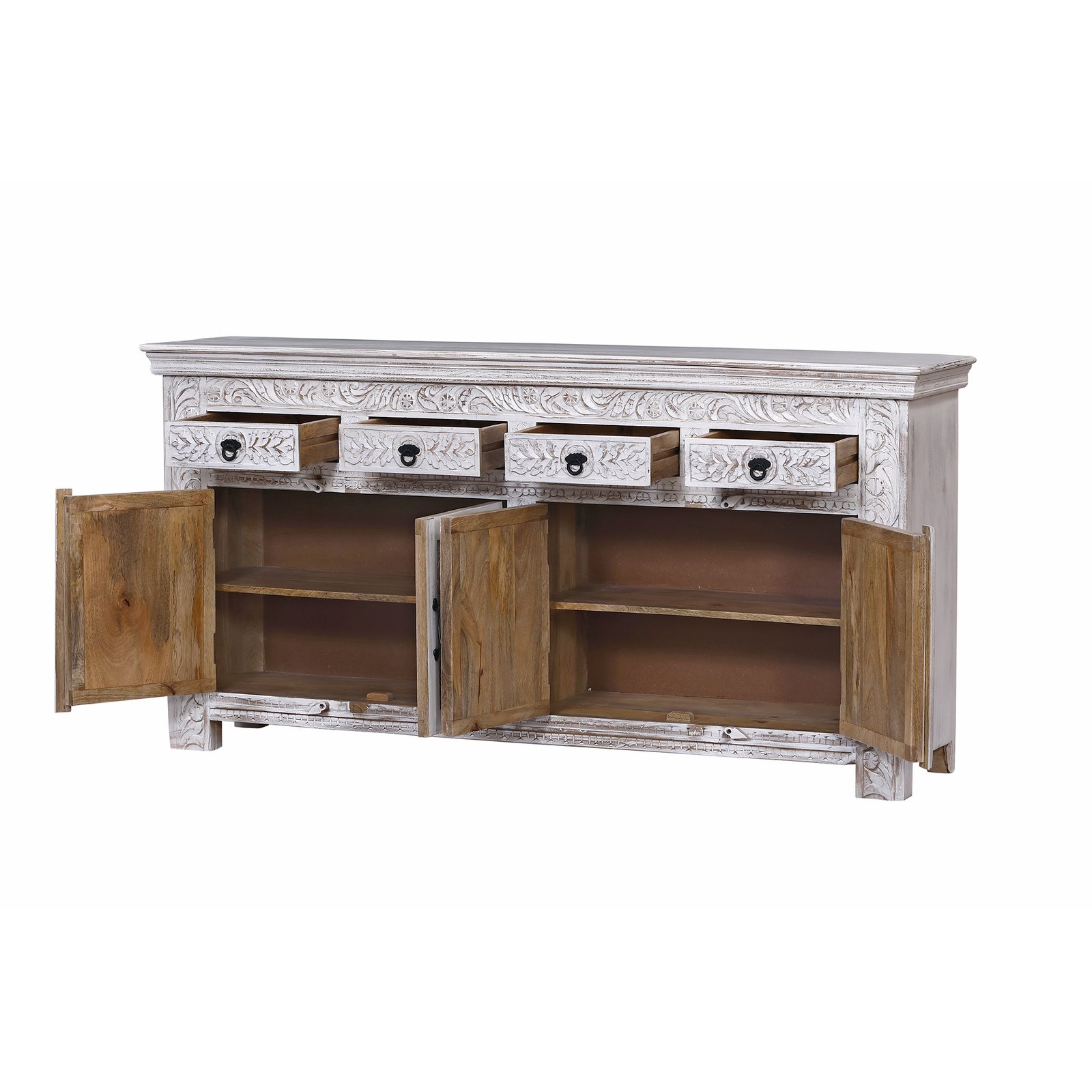 Credenza in Legno di Mango Intagliato 4 Ante e 4 Cassetti 180x40x90 cm - LORANMIRA