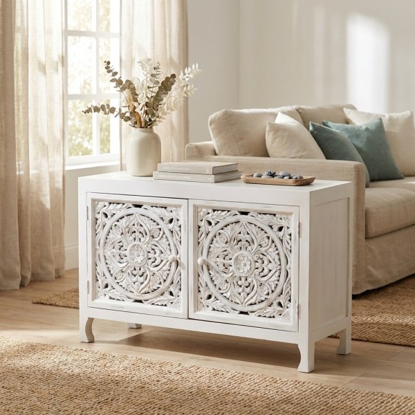 Credenza in legno di mango con 2 ante intagliate bianche 125x45x80 cm - ORENRIC