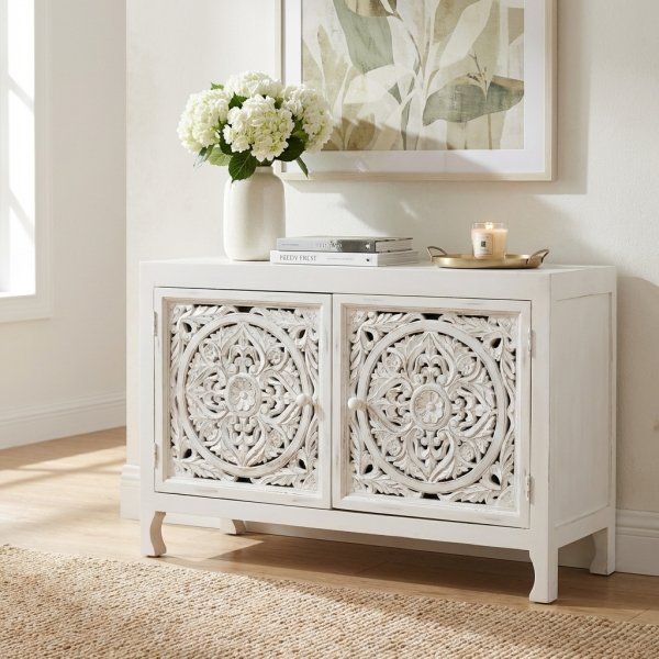 Credenza in legno di mango con 2 ante intagliate bianche 125x45x80 cm - ORENRIC