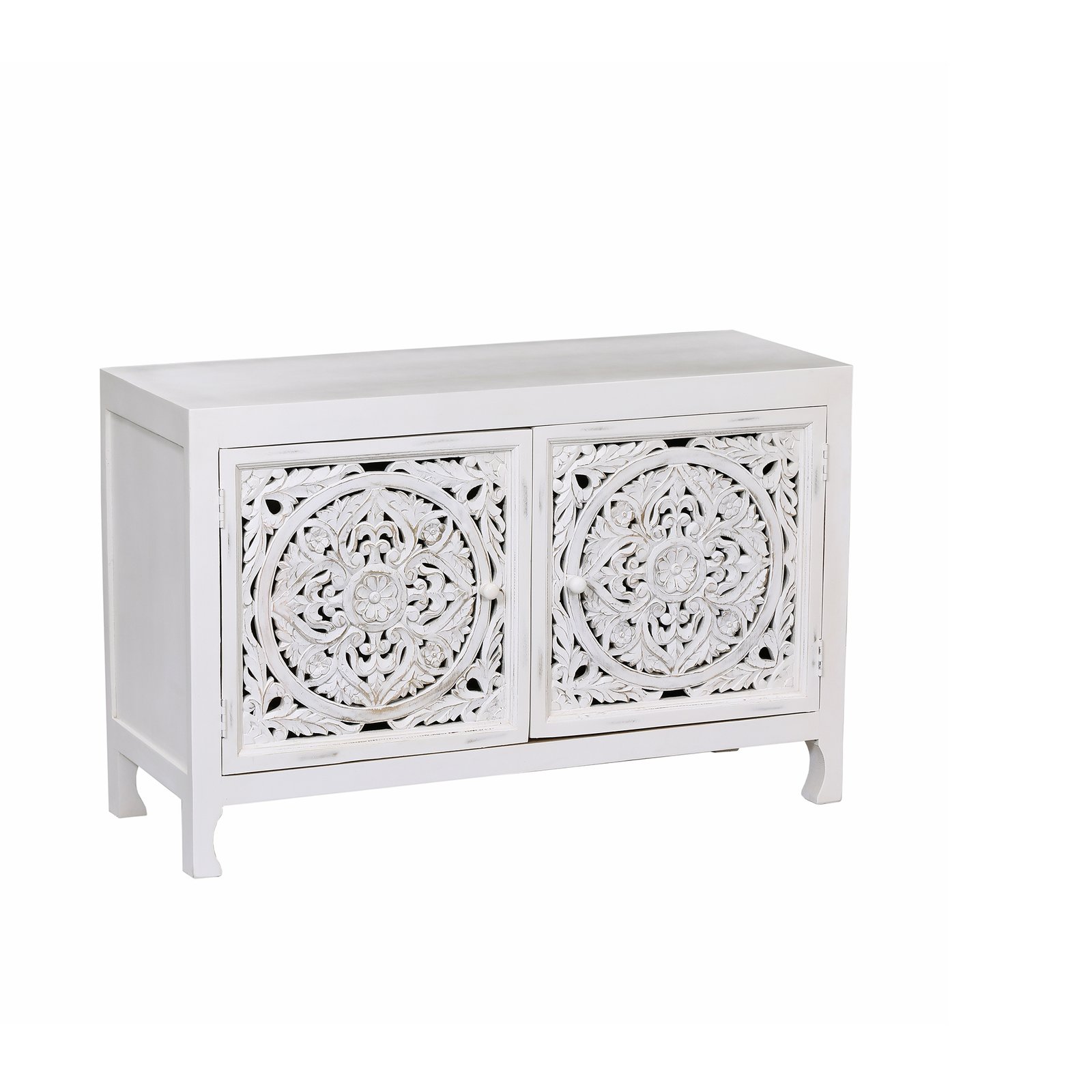 Credenza in legno di mango con 2 ante intagliate bianche 125x45x80 cm - ORENRIC