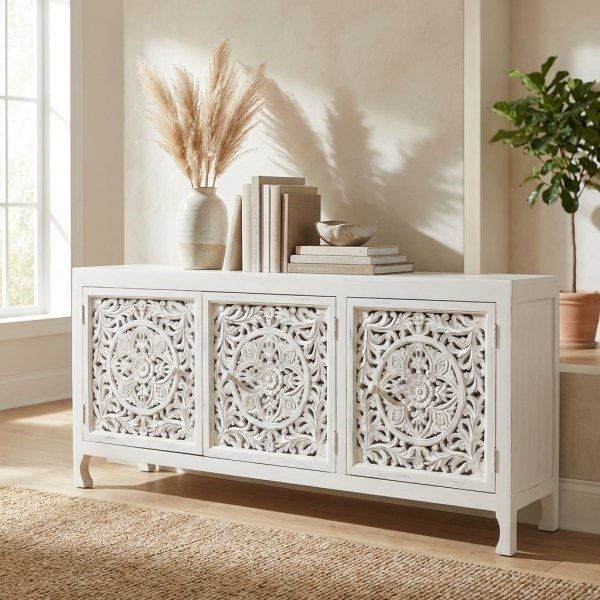Credenza in Legno di Mango Bianca 3 Ante Intagliate 180x45x80 cm - QUORELEN