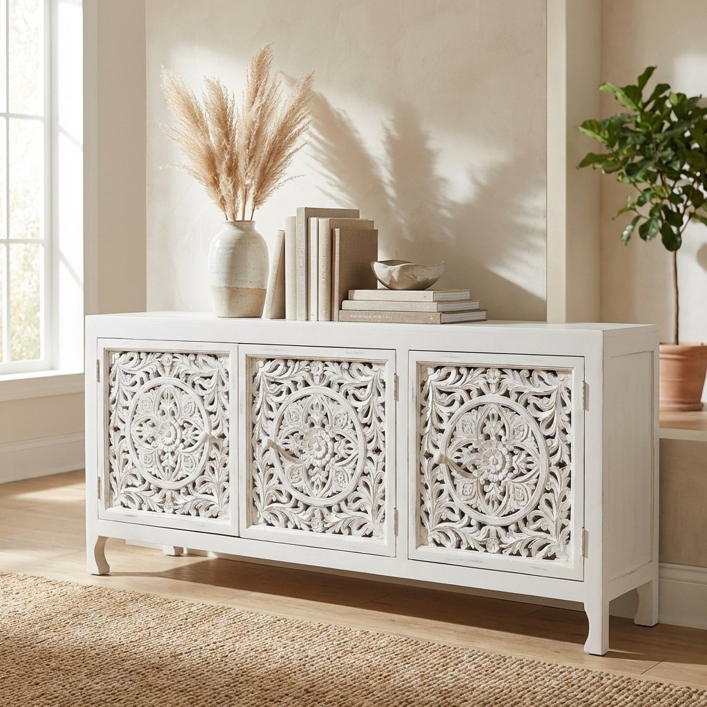 Credenza in Legno di Mango Bianca 3 Ante Intagliate 180x45x80 cm - QUORELEN