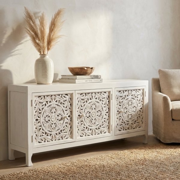 Credenza in Legno di Mango Bianca 3 Ante Intagliate 180x45x80 cm - QUORELEN