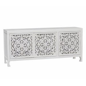 Credenza in Legno di Mango Bianca 3 Ante Intagliate 180x45x80 cm - QUORELEN