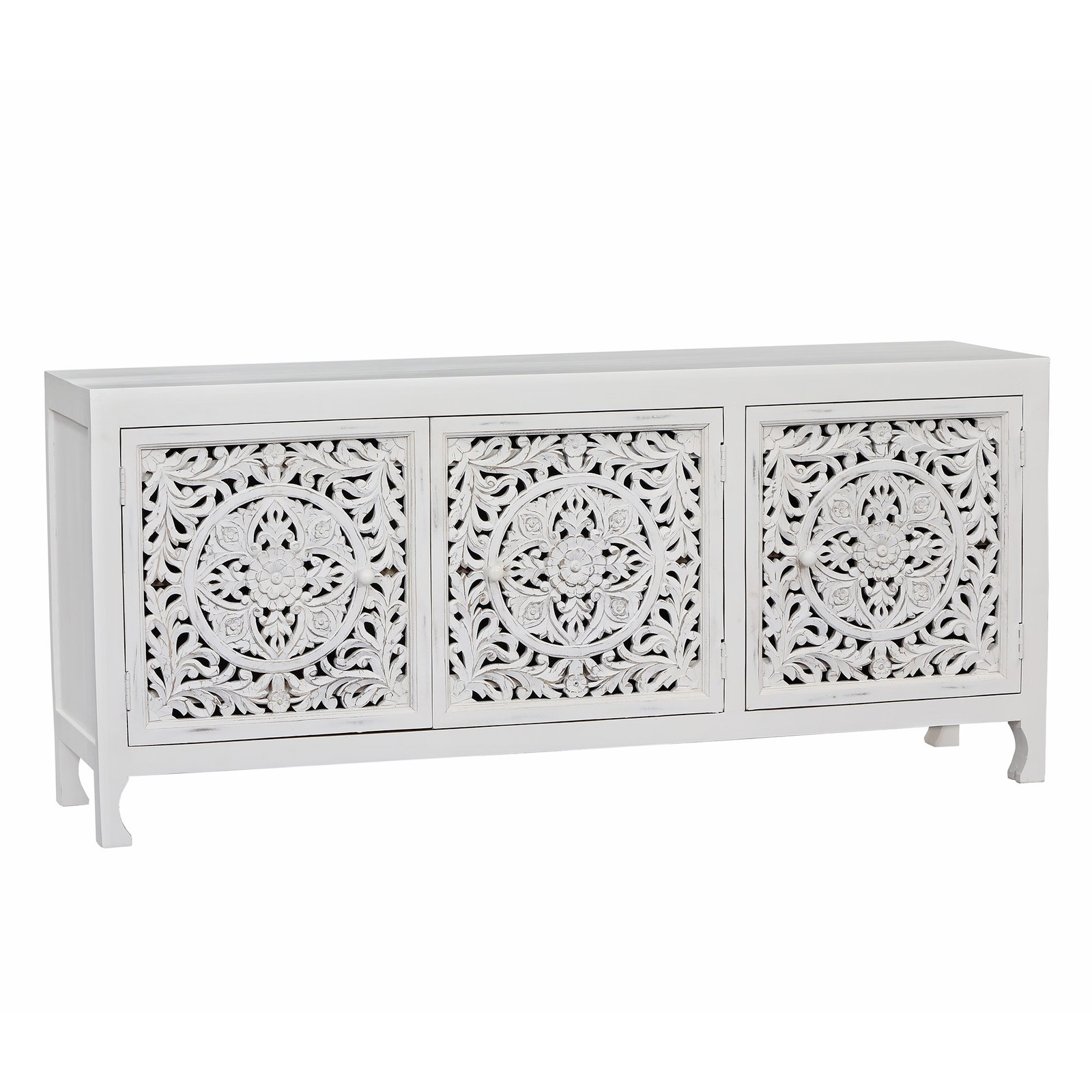 Credenza in Legno di Mango Bianca 3 Ante Intagliate 180x45x80 cm - QUORELEN