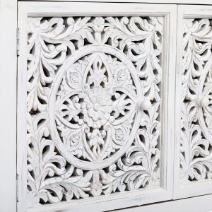 Credenza in Legno di Mango Bianca 3 Ante Intagliate 180x45x80 cm - QUORELEN