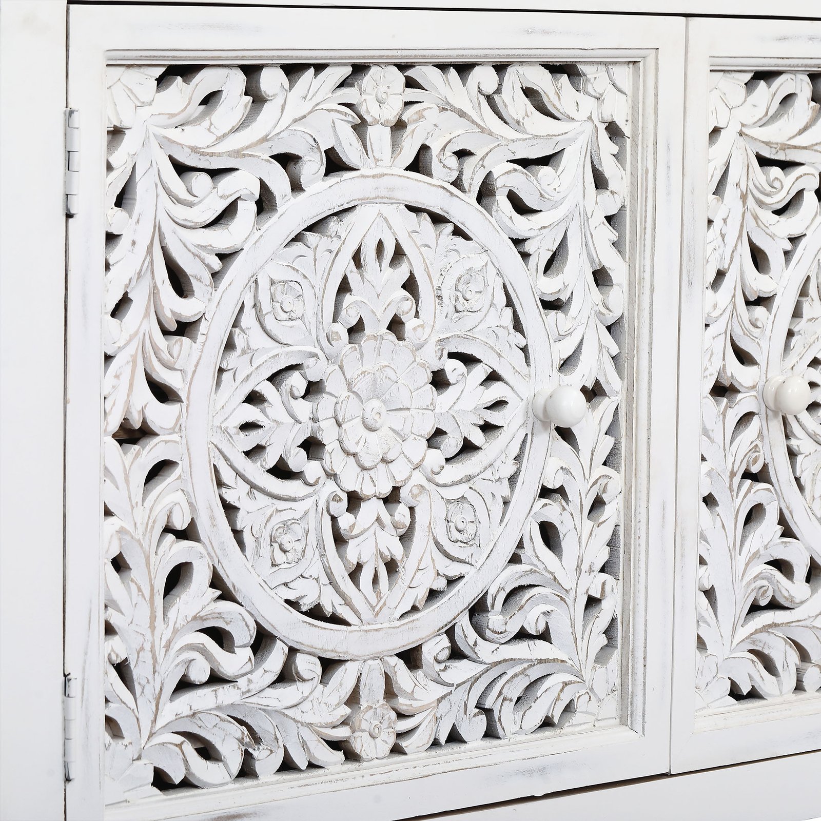 Credenza in Legno di Mango Bianca 3 Ante Intagliate 180x45x80 cm - QUORELEN