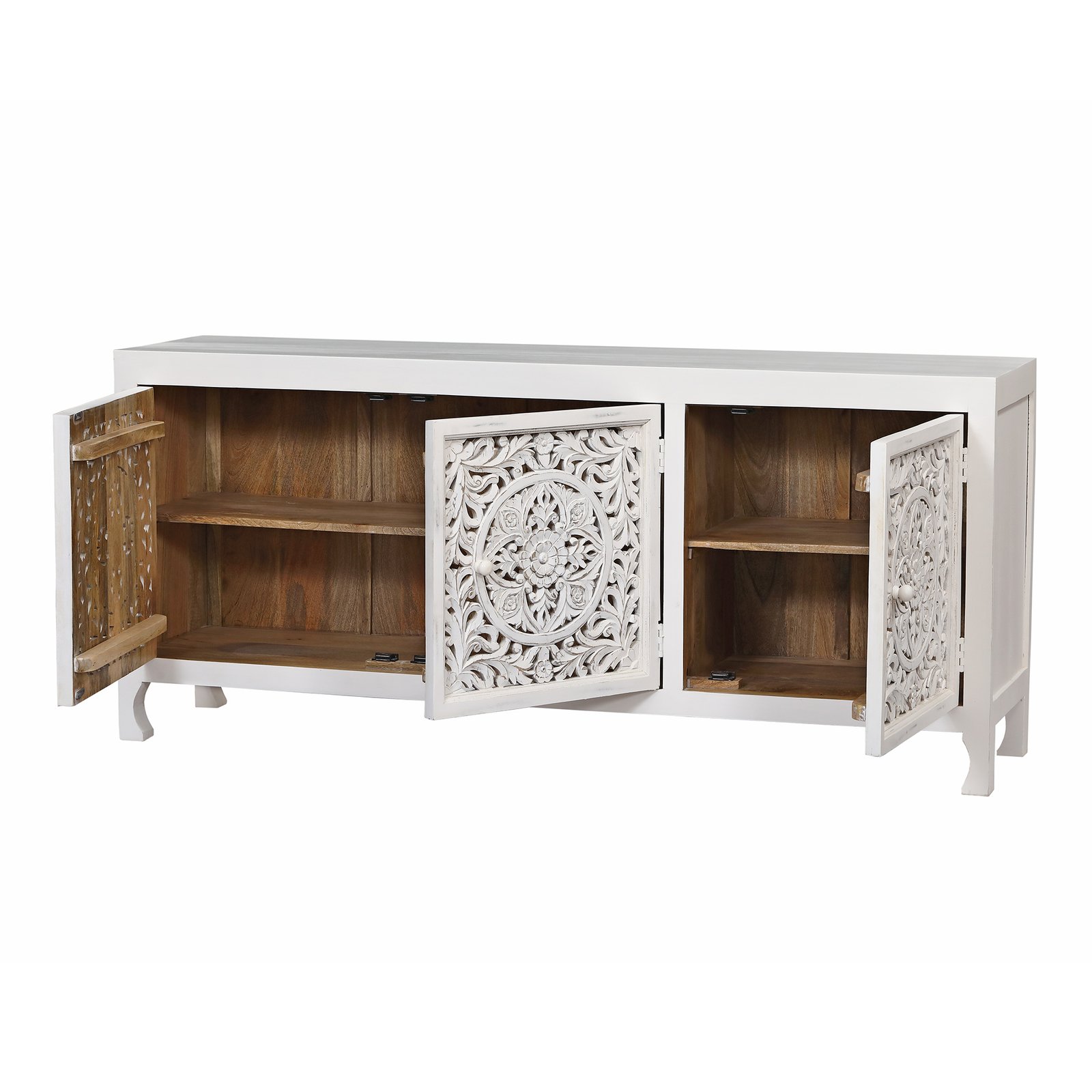 Credenza in Legno di Mango Bianca 3 Ante Intagliate 180x45x80 cm - QUORELEN