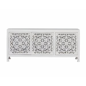 Credenza in Legno di Mango Bianca 3 Ante Intagliate 180x45x80 cm - QUORELEN