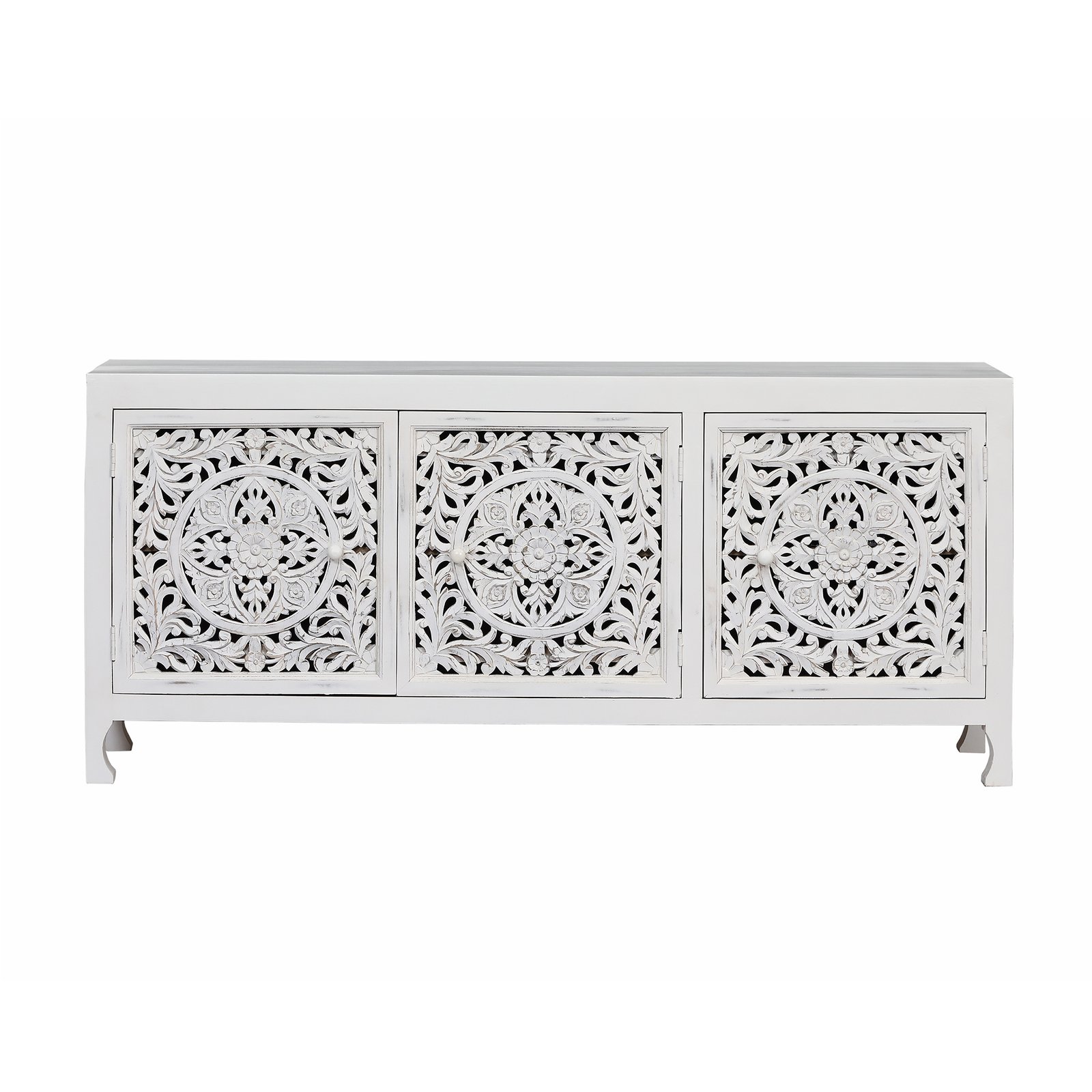 Credenza in Legno di Mango Bianca 3 Ante Intagliate 180x45x80 cm - QUORELEN