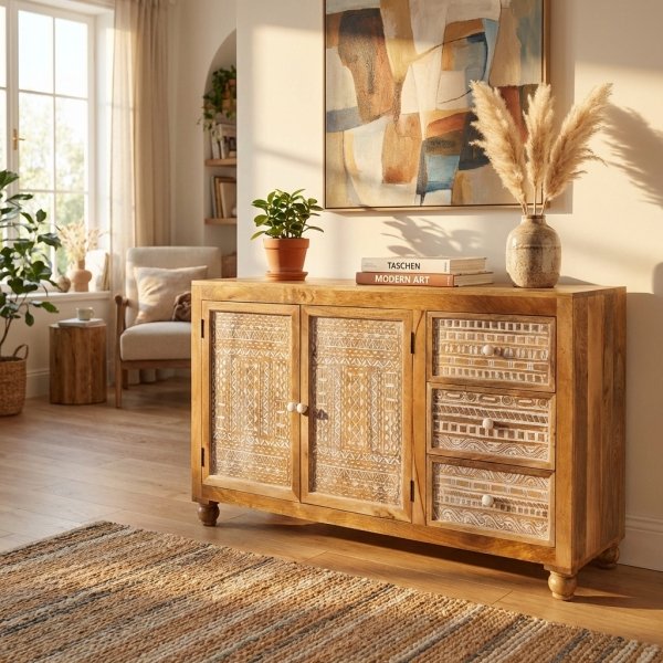 Credenza in legno di mango con 2 ante intagliate e 3 cassetti 150x45x90 cm - SELELVIA
