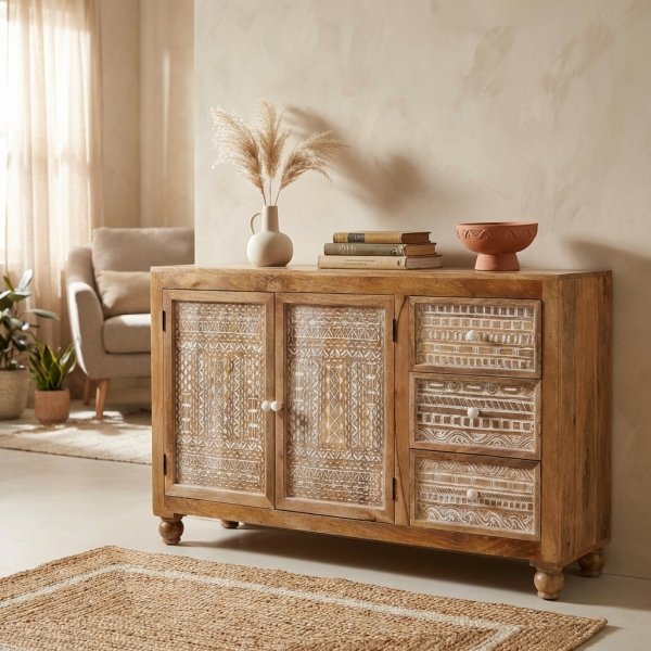 Credenza in legno di mango con 2 ante intagliate e 3 cassetti 150x45x90 cm - SELELVIA