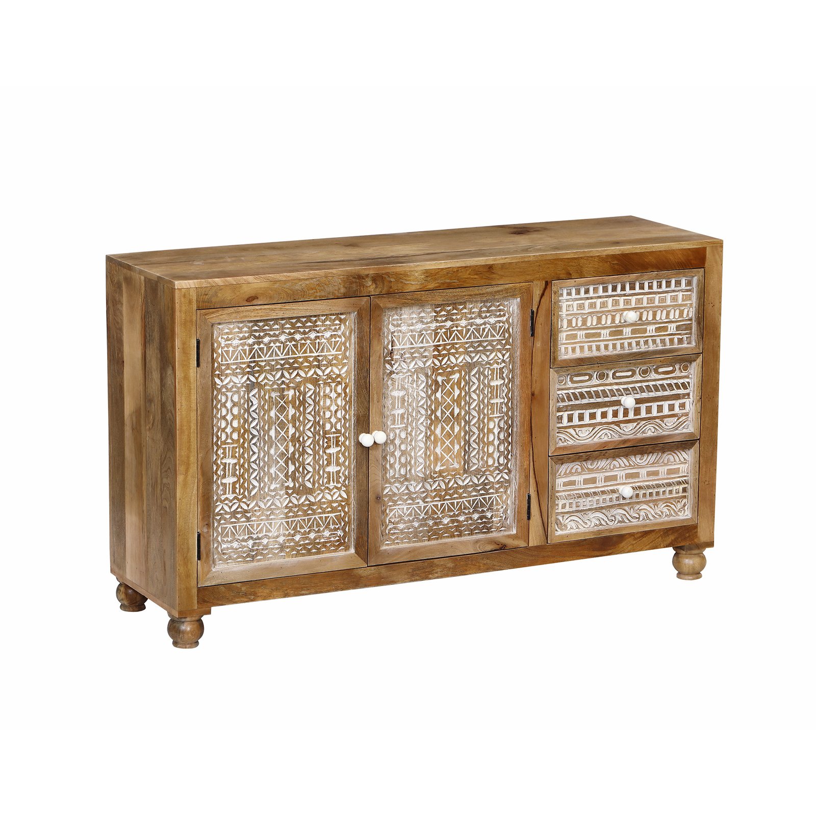 Credenza in legno di mango con 2 ante intagliate e 3 cassetti 150x45x90 cm - SELELVIA Credenza in legno di mango con 2 ante intagliate e 3 cassetti 150x45x90 cm - SELELVIA