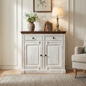 Credenza in legno di mango 2 ante e 2 cassetti stile shabby chic 100x35x90 cm - HELIMOND Credenza in legno di mango 2 ante e 2 cassetti stile shabby chic 100x35x90 cm - HELIMOND