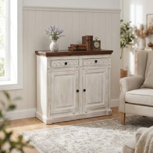 Credenza in legno di mango 2 ante e 2 cassetti stile shabby chic 100x35x90 cm - HELIMOND Credenza in legno di mango 2 ante e 2 cassetti stile shabby chic 100x35x90 cm - HELIMOND