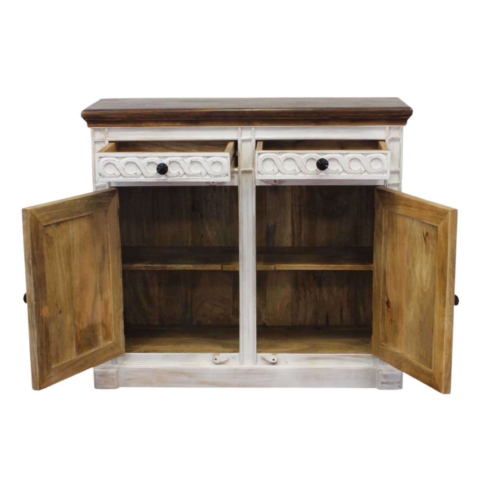 Credenza in legno di mango 2 ante e 2 cassetti stile shabby chic 100x35x90 cm - HELIMOND Credenza in legno di mango 2 ante e 2 cassetti stile shabby chic 100x35x90 cm - HELIMOND