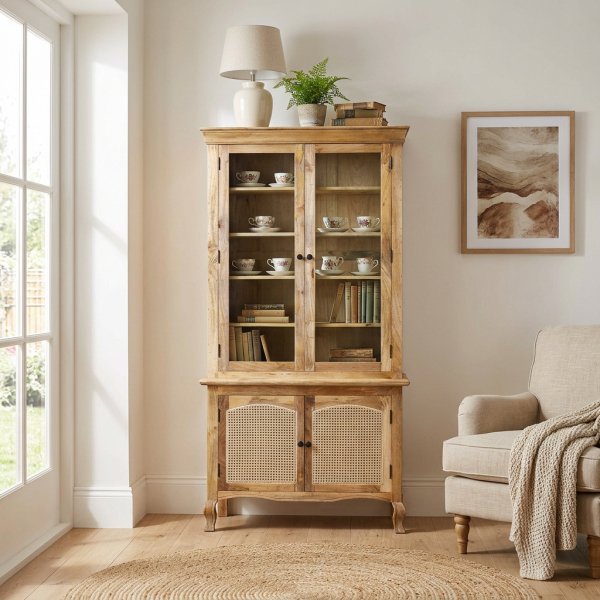 Vetrina alta in legno di mango con 4 ante in vetro e rattan 100x40x210 cm - QUORILEN