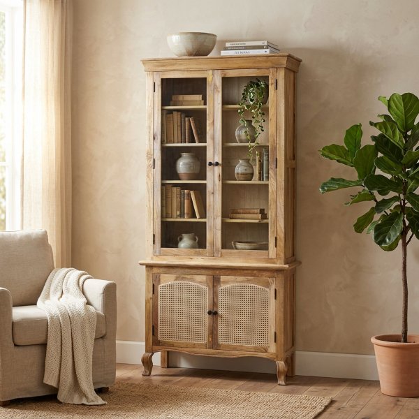 Vetrina alta in legno di mango con 4 ante in vetro e rattan 100x40x210 cm - QUORILEN