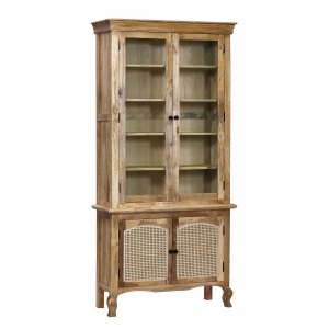Vetrina alta in legno di mango con 4 ante in vetro e rattan 100x40x210 cm - QUORILEN Vetrina alta in legno di mango con 4 ante in vetro e rattan 100x40x210 cm - QUORILEN