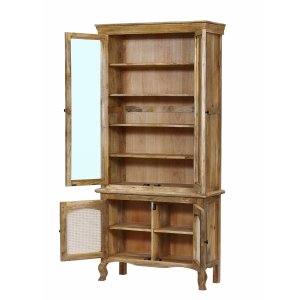 Vetrina alta in legno di mango con 4 ante in vetro e rattan 100x40x210 cm - QUORILEN Vetrina alta in legno di mango con 4 ante in vetro e rattan 100x40x210 cm - QUORILEN