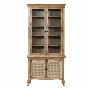 Vetrina alta in legno di mango con 4 ante in vetro e rattan 100x40x210 cm - QUORILEN Vetrina alta in legno di mango con 4 ante in vetro e rattan 100x40x210 cm - QUORILEN