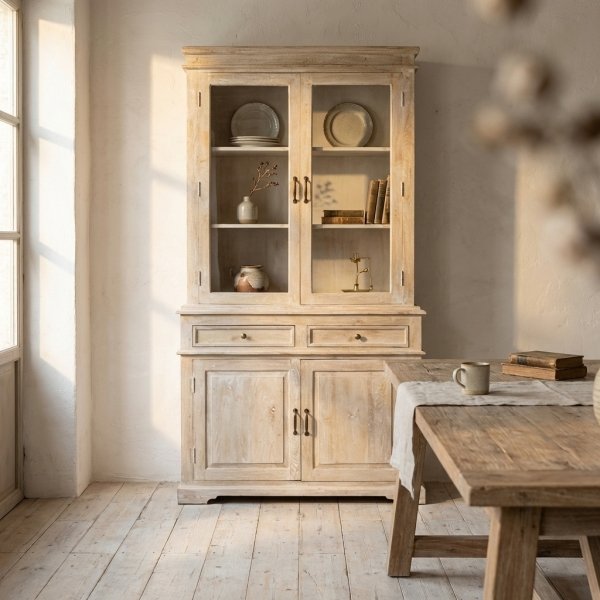 Credenza a vetrina in legno di mango 4 ante 2 cassetti 90x40x180 cm - ZELINDIL