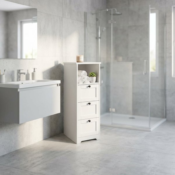 Mobiletto da bagno in legno con vano a giorno e 3 cassetti 81,5x30x30 cm - ZELULCUS