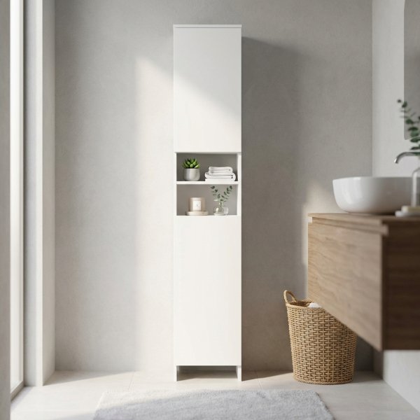 Colonna bagno alta in legno bianco con ante e ripiani a giorno 28,5x28x173 cm - JARISOR