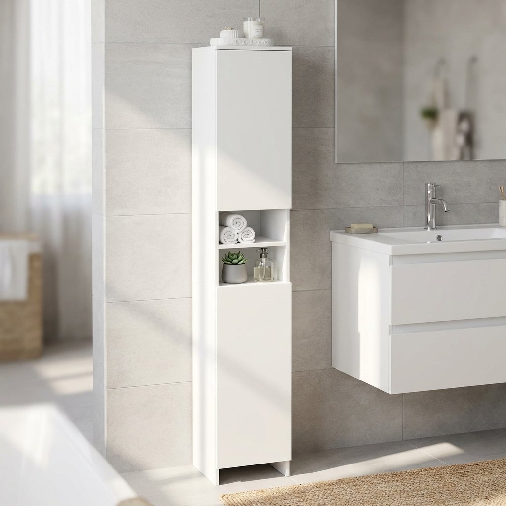 Colonna bagno alta in legno bianco con ante e ripiani a giorno 28,5x28x173 cm - JARISOR Colonna bagno alta in legno bianco con ante e ripiani a giorno 28,5x28x173 cm - JARISOR