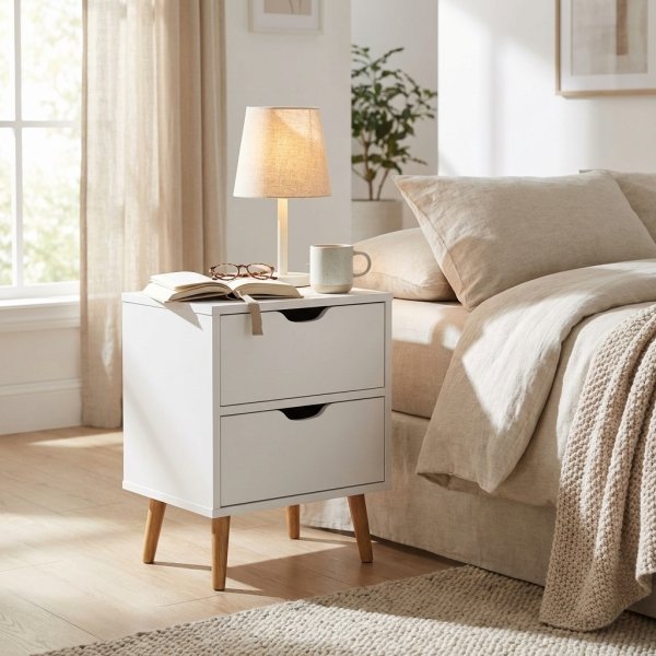 Comodino in legno bianco con 2 cassetti e gambe naturali, stile nordico, 40x30x50,5 cm - ULANLEN
