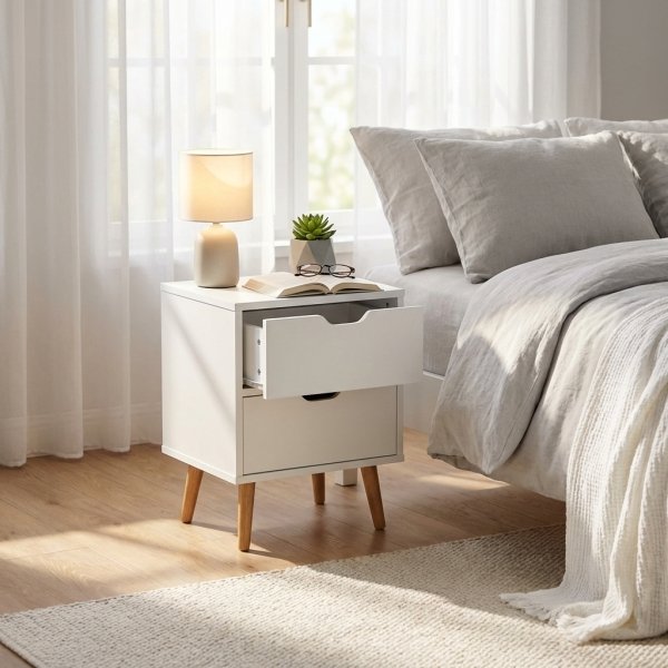Comodino in legno bianco con 2 cassetti e gambe naturali, stile nordico, 40x30x50,5 cm - ULANLEN