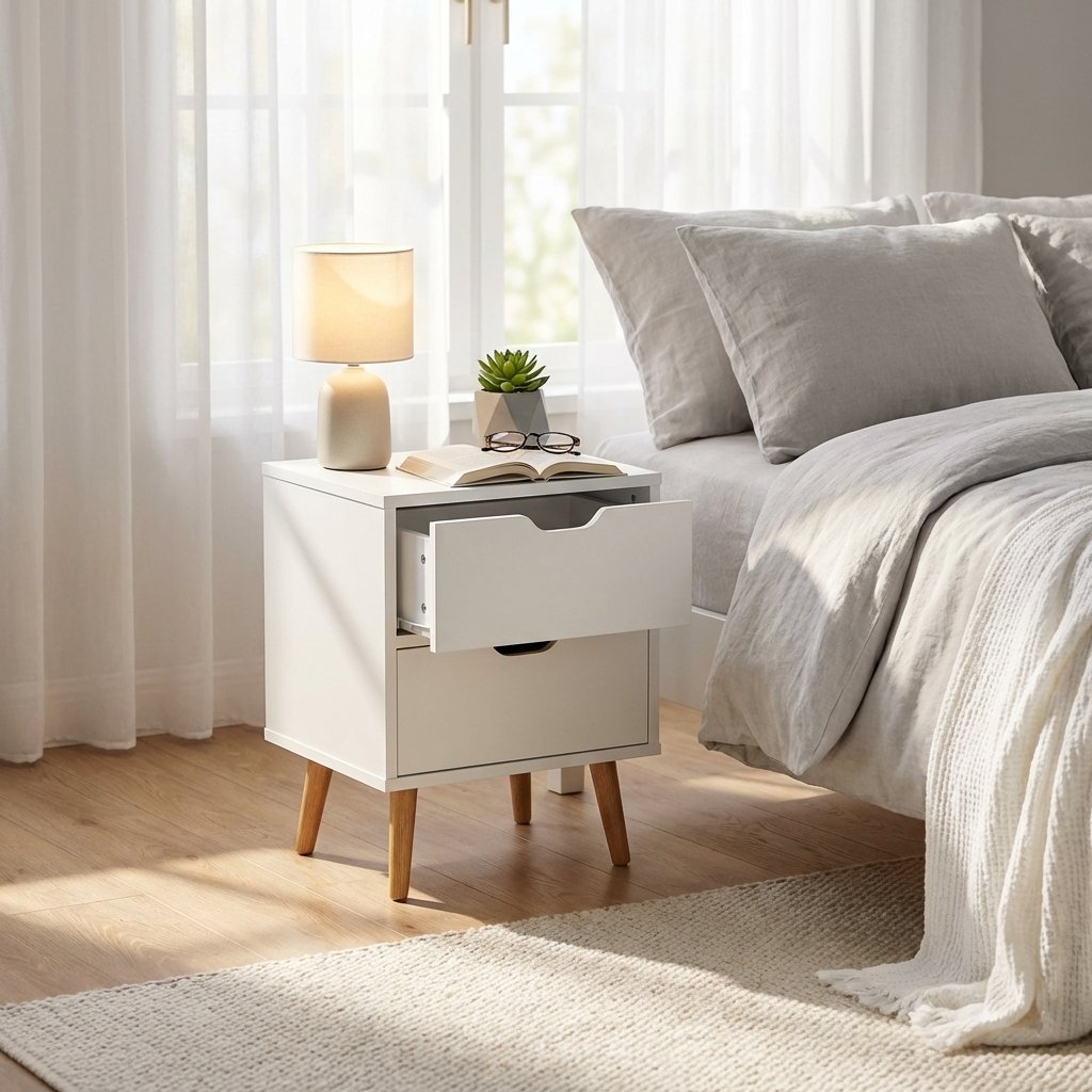 Comodino in legno bianco con 2 cassetti e gambe naturali, stile nordico, 40x30x50,5 cm - ULANLEN