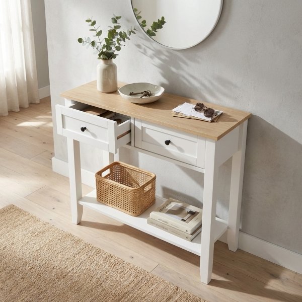 Consolle bianca in legno con cassetti e ripiano inferiore 80x30x74 cm - MAREDOR
