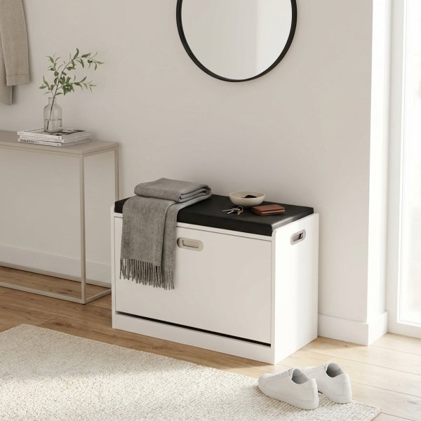 Scarpiera con Cuscino in Legno Bianco per Ingresso 60x29,5x48 cm - XANERRIC