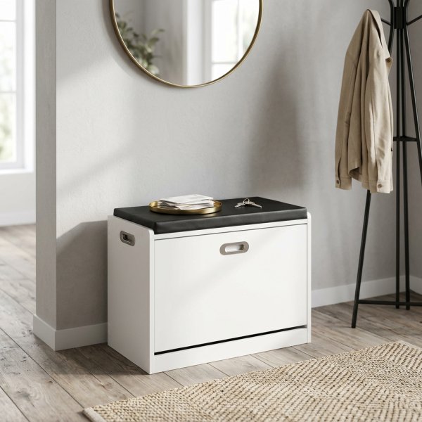 Scarpiera con Cuscino in Legno Bianco per Ingresso 60x29,5x48 cm - XANERRIC