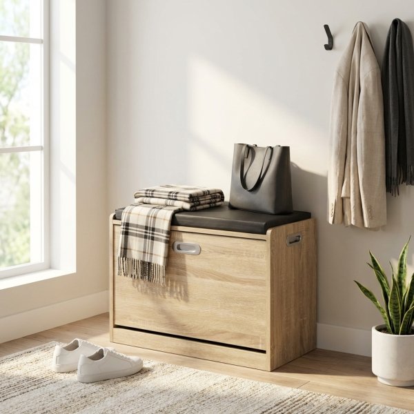 Scarpiera con Cuscino in Legno Effetto Rovere per Ingresso 60x29,5x48 cm - XANERRIC