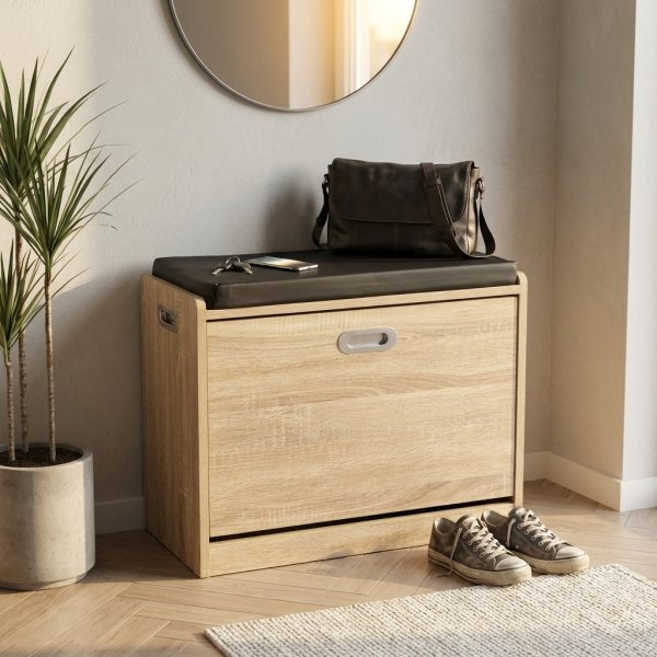 Scarpiera con Cuscino in Legno Effetto Rovere per Ingresso 60x29,5x48 cm - XANERRIC