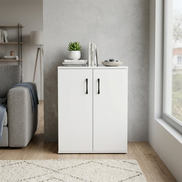 Credenza bassa in legno a 2 ante con maniglie nere 60x30x78,5 cm - RALINVEN