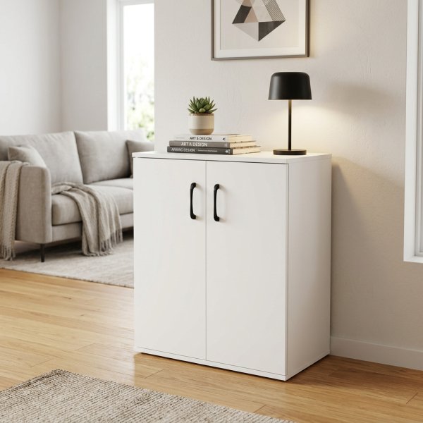 Credenza bassa in legno a 2 ante con maniglie nere 60x30x78,5 cm - RALINVEN