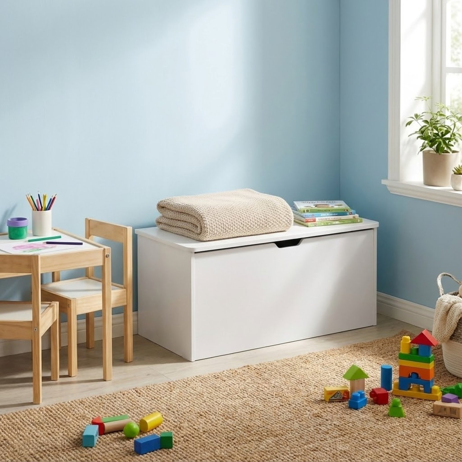 Baule portagiochi in legno per bambini con coperchio 78x38x40 cm - HELUVEN
