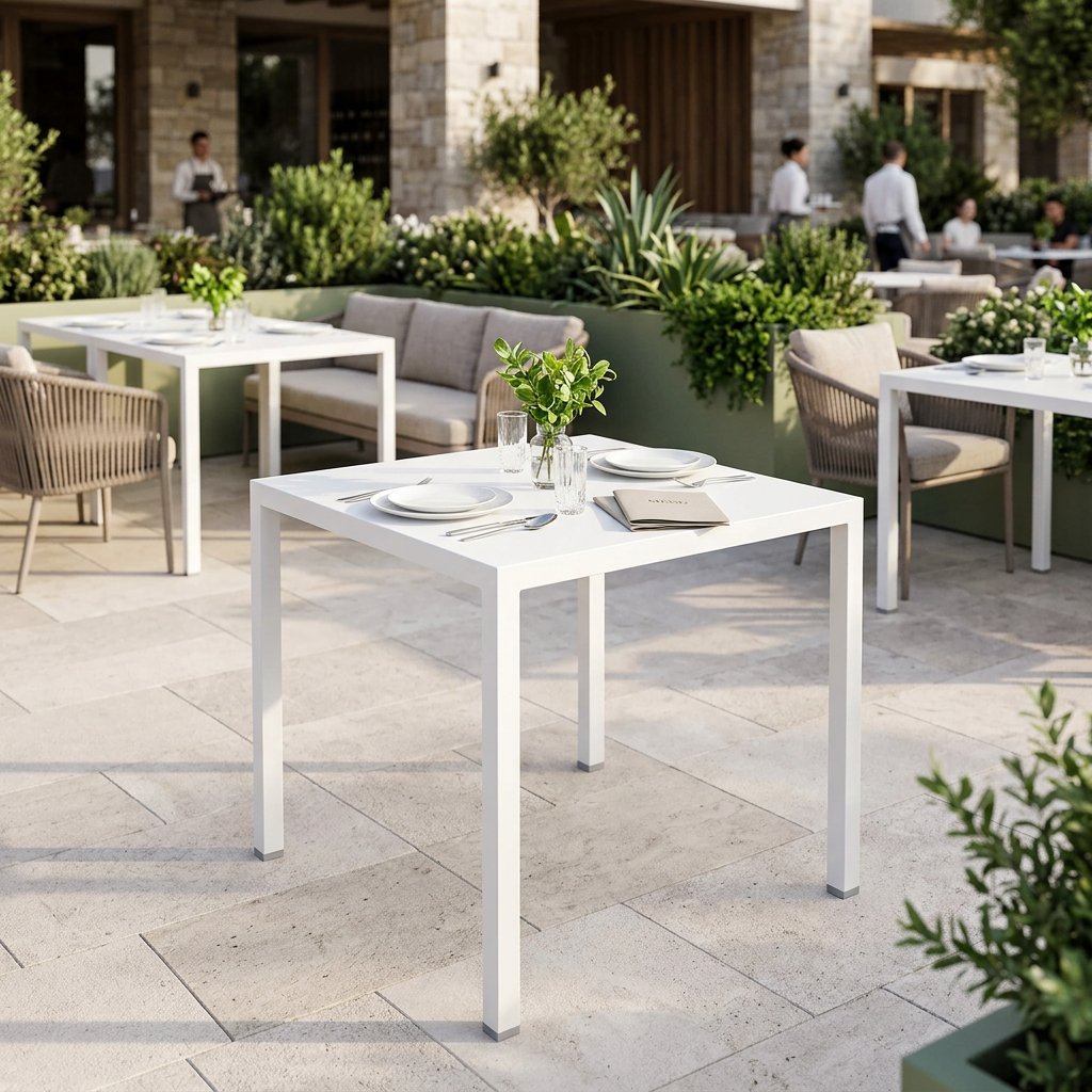 Tavolo da esterno quadrato autolivellante in alluminio bianco 80x80x75 cm - ZELALIA Tavolo da esterno quadrato autolivellante in alluminio bianco 80x80x75 cm - ZELALIA
