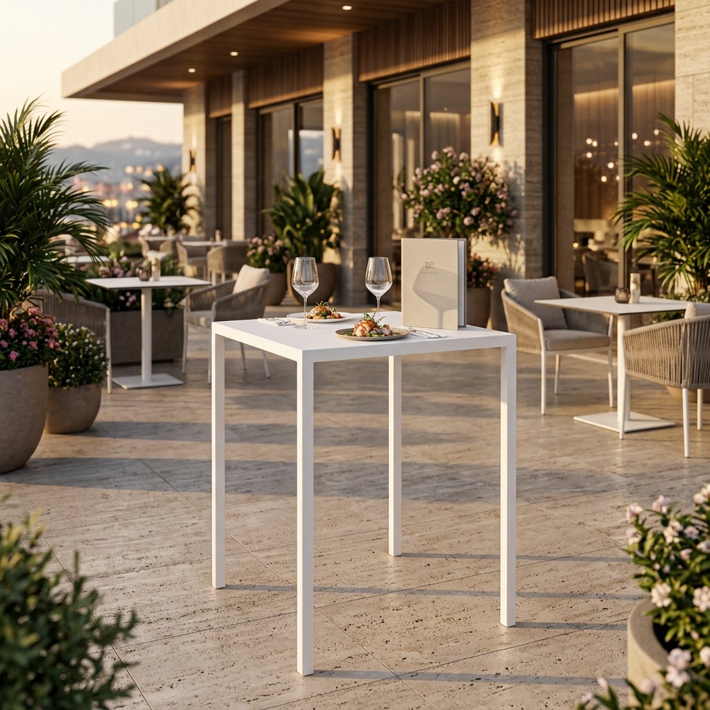 Tavolo alto da esterno in alluminio bianco 80x80x110 cm - ZELALIA Tavolo alto da esterno in alluminio bianco 80x80x110 cm - ZELALIA