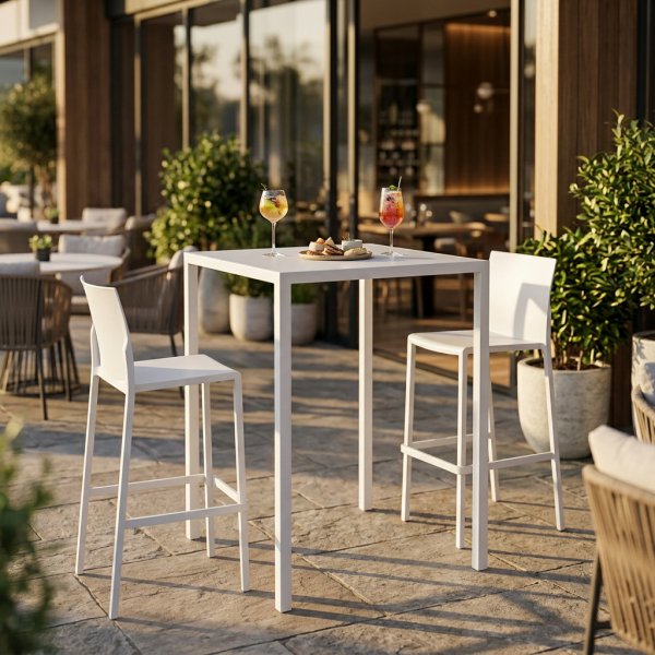 Tavolo bar alto da esterno in alluminio bianco 70x70x110 cm - ZELALIA