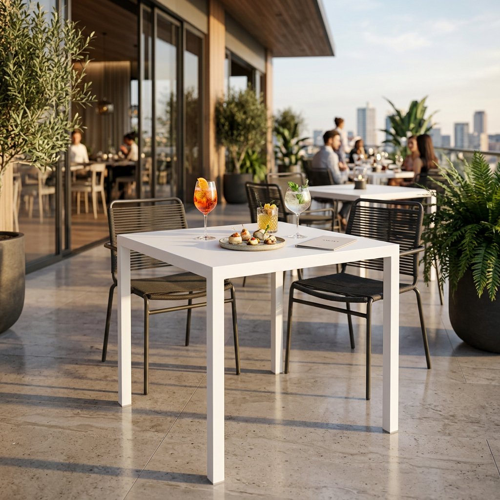 Tavolo da giardino quadrato bianco autolivellante in alluminio 90x90 cm - ZELALIA