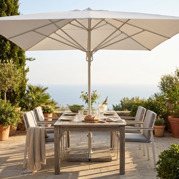Ombrellone da giardino quadrato 395x395 cm con palo centrale in alluminio e telo bianco - QUORONSOR